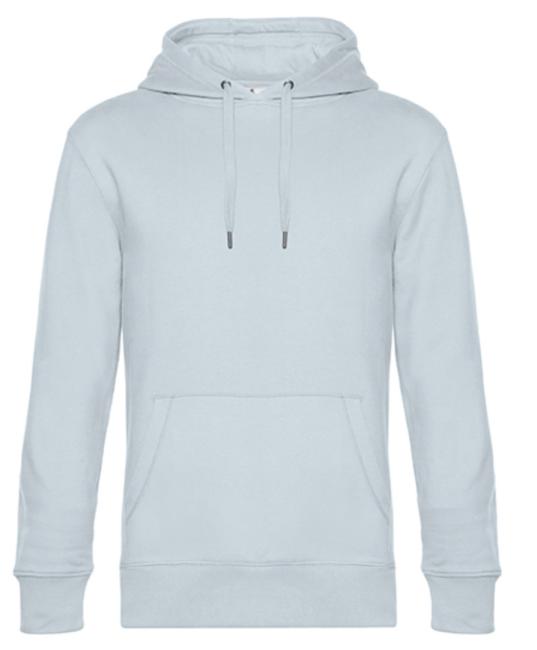 ein hell blauer Hoodie, Kapuzenpulli ist von vorne dargestellt. Vorne befindet sich auf Bauchhöhe eine Tasche